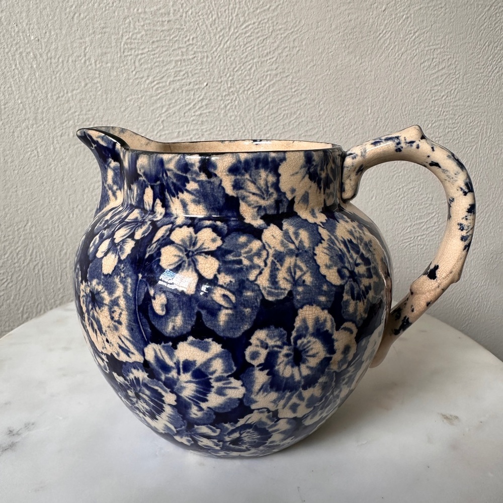 Floral Blue and Cream Ceramic Pitcher